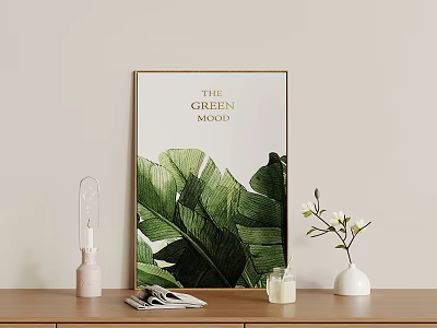Abstract Green Leaves Painting The Green Mood With Vase Candle and Magazines Home Decor 3d model