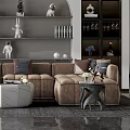 Elegant Modern Sofa And Coffee Table Set With Arched Shelf Decorative Vases And Neutral Tones