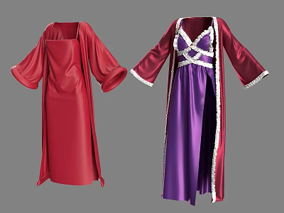 Red and Purple Satin Robes With Bell Sleeves White Trim and Crisscross Straps 3d model