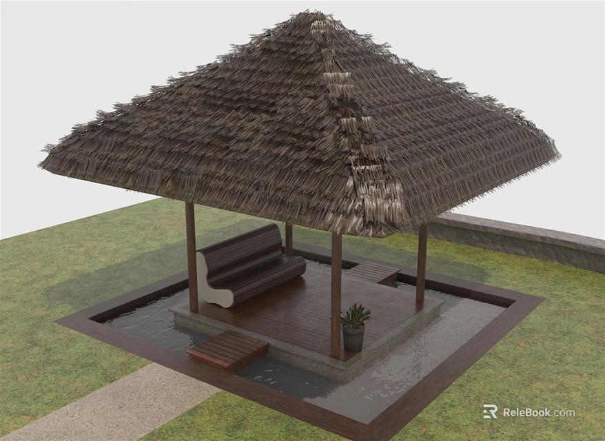 Thatched Roof Pavilion With Wooden Bench Small Plant And Water Pond On Grass Lawn 3d model 