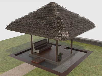 Thatched Roof Pavilion With Wooden Bench Small Plant And Water Pond On Grass Lawn 3d model