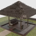 Thatched Roof Pavilion With Wooden Bench Small Plant And Water Pond On Grass Lawn