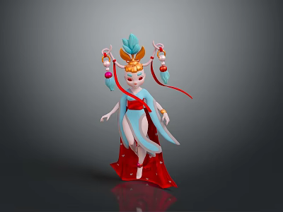 3D Traditional Character Model With Blue Top Red Skirt Decorative Headpiece And Flowing Ribbons 3d model
