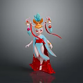 3D Traditional Character Model With Blue Top Red Skirt Decorative Headpiece And Flowing Ribbons