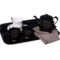Stylish Beverage Serving Tray with Black Teapot White Cup Black Cups and Gray Cloth