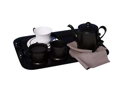 Stylish Beverage Serving Tray with Black Teapot White Cup Black Cups and Gray Cloth 3d model
