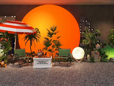 Outdoor Leisure Area With Orange Circular Backdrop Red White Striped Umbrella Green Chairs Plants And Moon Lamp 3d model