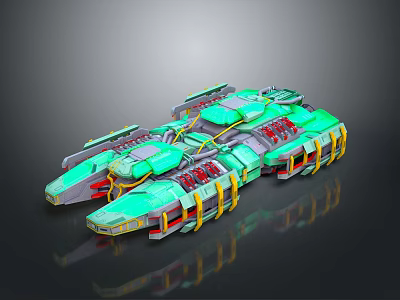 Futuristic 3D Rendered Spaceship With Green Blue Hulls And Yellow Red Details 3d model