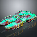 Futuristic 3D Rendered Spaceship With Green Blue Hulls And Yellow Red Details