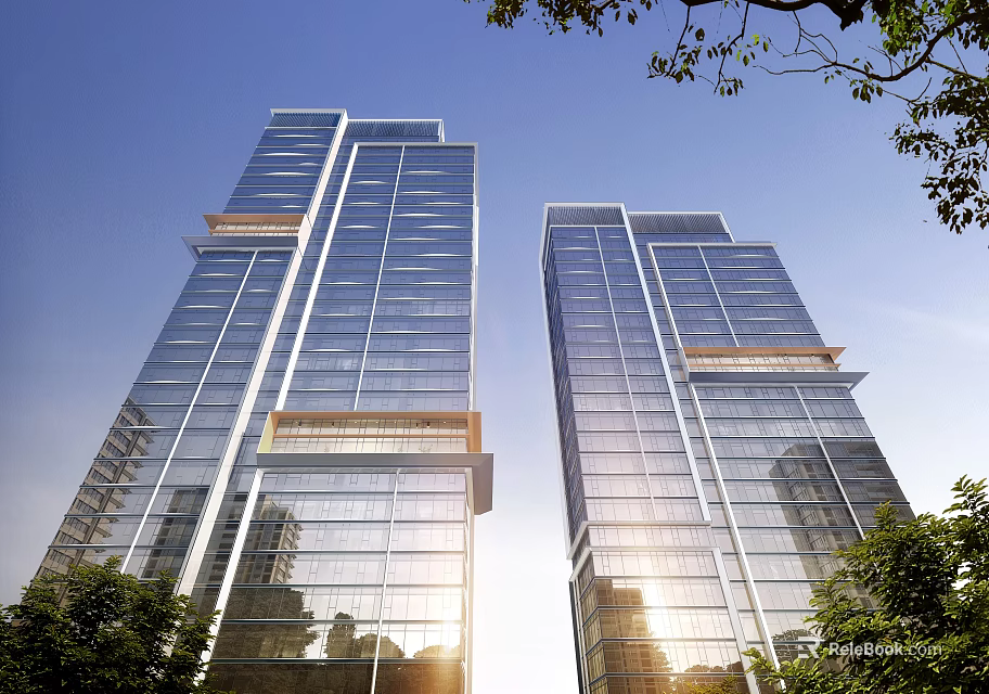 Modern High Rise Buildings With Glass Curtain Walls Surrounded By Green Trees 3d model 