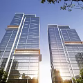 Modern High Rise Buildings With Glass Curtain Walls Surrounded By Green Trees