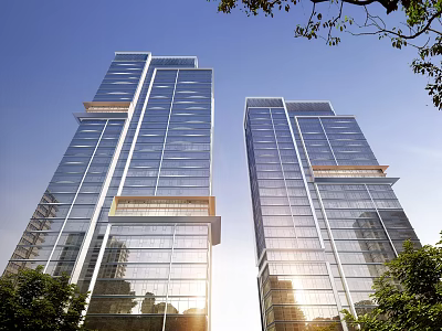 Modern High Rise Buildings With Glass Curtain Walls Surrounded By Green Trees 3d model