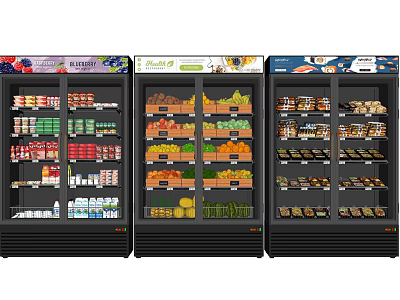 Commercial Display Freezers Stocked With Assorted Food Items Fruits Vegetables And Frozen Products 3d model