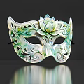 Decorative Green And White Mask With Lotus Flower Center And Intricate Scroll Patterns