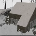 Rustic Wooden Mill in Snowy Landscape with Waterwheel and Stone Walls