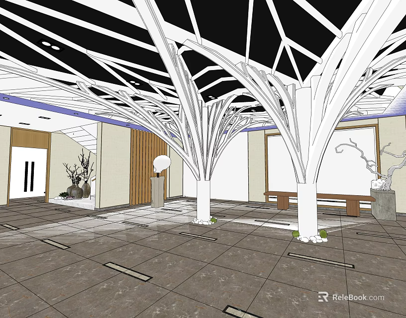 Modern Store Front Desk with Unique Ceiling Structure and Marble Floor Decorative Plants 3d model