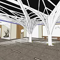 Modern Store Front Desk with Unique Ceiling Structure and Marble Floor Decorative Plants 3d model