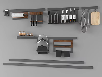 Wall Mounted Kitchen Storage Racks With Knives Spice Bottles Cutting Boards And Tools 3d model