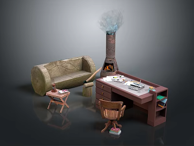 Natural Style Living Room Furniture With Textured Sofa Wooden Desk And Fireplace 3d model