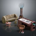 Natural Style Living Room Furniture With Textured Sofa Wooden Desk And Fireplace