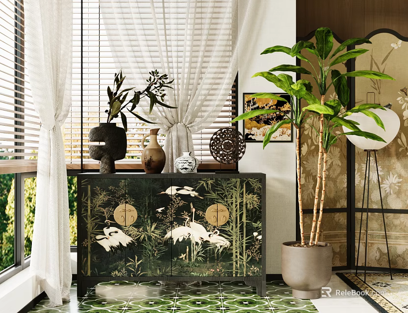 Traditional Indoor Chest of Drawers with Crane Patterns Decorative Vases and Large Plant 3d model 