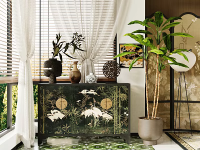 Traditional Indoor Chest of Drawers with Crane Patterns Decorative Vases and Large Plant 3d model