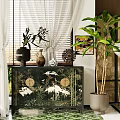 Traditional Indoor Chest of Drawers with Crane Patterns Decorative Vases and Large Plant