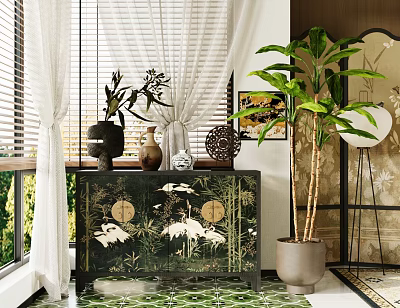 Traditional Indoor Chest of Drawers with Crane Patterns Decorative Vases and Large Plant 3d model