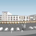 Modern Commercial Landscape With White Buildings Parking Area And Blue Sky