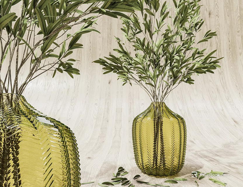 Yellow Textured Glass Vases With Fresh Green Olive Branches On Light Wooden Background 3d model 