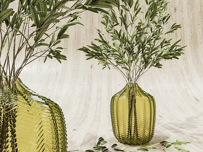 Yellow Textured Glass Vases With Fresh Green Olive Branches On Light Wooden Background 3d model