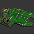3D Model Scene With Green Platform Circular Tower Colored Blocks Brown Hut And White Markers