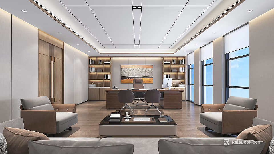 Modern Spacious Office Interior Design With Desk Chairs Bookshelves Sofas And Large Windows 3d model
