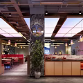 Modern Hotpot Restaurant Interior With Wooden Partitions Dining Tables And Lighting Design