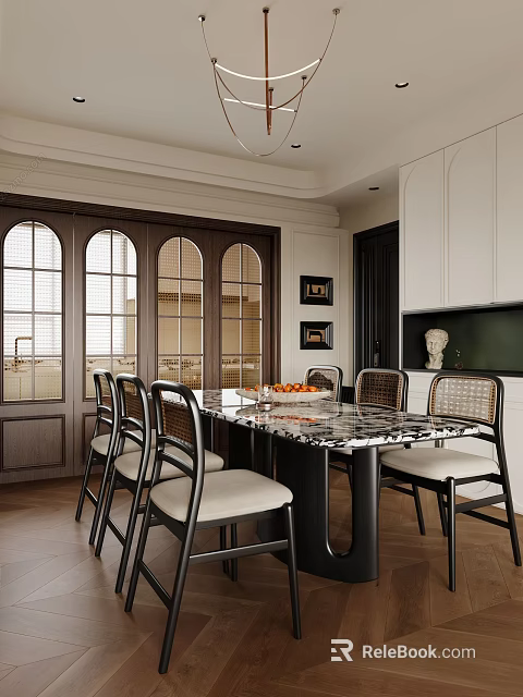 Elegant Restaurant Interior With Marble Dining Table Woven Back Chairs And Arched Glass Windows 3d model