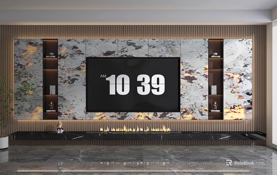 Modern TV Wall Design With Marble Texture Wooden Strips And Ambient Lighting 3d model