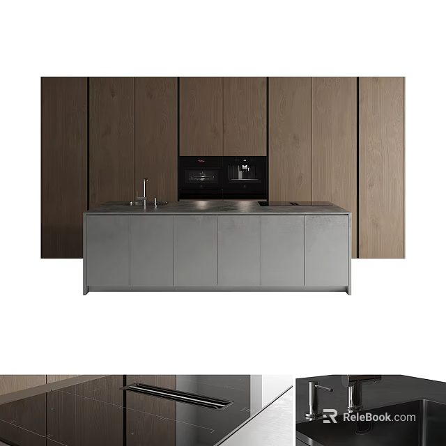 Modern Kitchen Interior With Gray Cabinets Wooden Panel Backdrop And Stainless Steel Countertop 3d model 