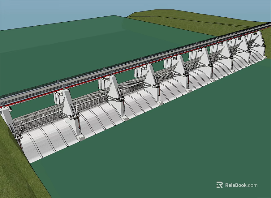 Long Concrete Dam Structure Featuring Water Gates And Support Beams Over Green Water 3d model 