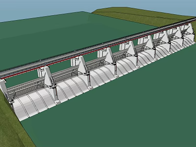 Long Concrete Dam Structure Featuring Water Gates And Support Beams Over Green Water 3d model