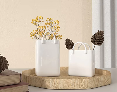 White Square Vases With Handle Holding Yellow Flowers On Wooden Tray With Pinecones And Books 3d model