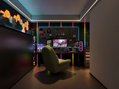 Vibrant Gaming Room Setup With Neon Lights Gaming Chair And Multiple Screens 3d model