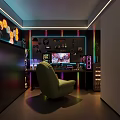 Vibrant Gaming Room Setup With Neon Lights Gaming Chair And Multiple Screens