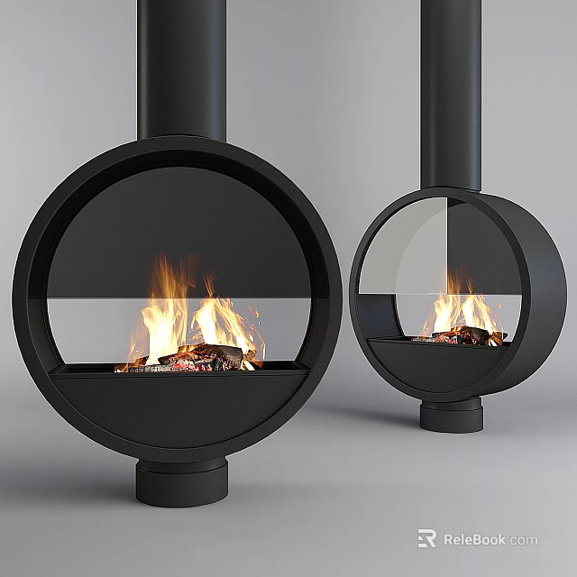 Modern Black Round Fireplace Design With Two Units And Flames Burning 3d model 