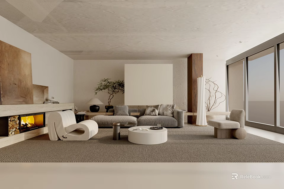 Minimalist Living Room Interior With Gray Sofa Armchair Coffee Table Fireplace And Large Window 3d model 