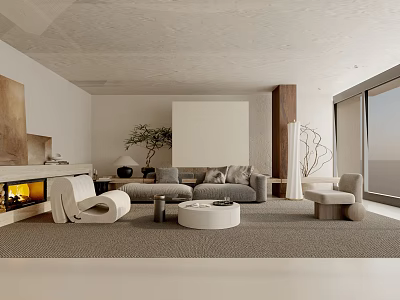 Minimalist Living Room Interior With Gray Sofa Armchair Coffee Table Fireplace And Large Window 3d model