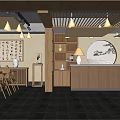 Traditional Chinese Hotel Lobby With Calligraphy Artwork Circular Landscape Painting Wooden Reception Counter And Cabinets