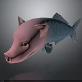 Unique Pink Pig Head Blue Fish Scales Hybrid Animal Figurine Design