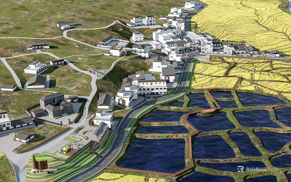 Rural Village Landscape With Traditional Houses Winding Roads Paddy Fields And Water Areas 3d model 