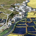 Rural Village Landscape With Traditional Houses Winding Roads Paddy Fields And Water Areas