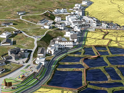 Rural Village Landscape With Traditional Houses Winding Roads Paddy Fields And Water Areas 3d model